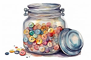 Watercolor Illustration Of Glass Jar With Colorful Sewing Buttons Inside