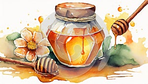 Watercolor illustration of glass jar of honey, flowers and wooden dipper with spaced grooves