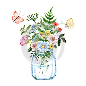 Wildflowers bouquet in a mason jar, hand-painted botanical illustration photo