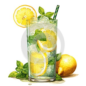 Watercolor illustration of Glass of mojito cocktail with lemon and mint isolated on white background