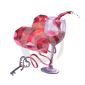 Watercolor illustration glass with red wine splash, heart diamond crystal in pink colored gemstone and key on ribbon, on