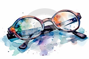 Watercolor Illustration Of Glasses With Colorful Splashes On White Background