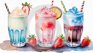 Watercolor illustration of glasses with different milkshakes. Tasty cold drink. Hand drawn art