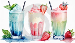 Watercolor illustration of glasses with different milkshakes. Tasty cold drink. Hand drawn art