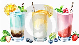 Watercolor illustration of glasses with different milkshakes. Tasty cold drink. Hand drawn art