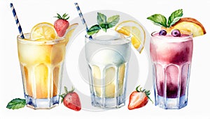 Watercolor illustration of glasses with different milkshakes. Tasty cold drink. Hand drawn art