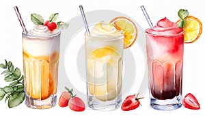 Watercolor illustration of glasses with different milkshakes. Tasty cold drink. Hand drawn art