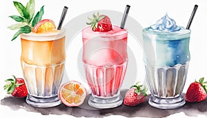 Watercolor illustration of glasses with different milkshakes. Tasty cold drink. Hand drawn art