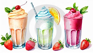 Watercolor illustration of glasses with different milkshakes. Tasty cold drink. Hand drawn art