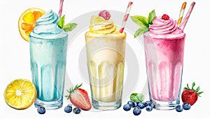 Watercolor illustration of glasses with different milkshakes. Tasty cold drink. Hand drawn art