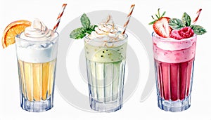 Watercolor illustration of glasses with different milkshakes. Tasty cold drink. Hand drawn art