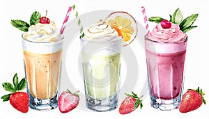 Watercolor illustration of glasses with different milkshakes. Tasty cold drink. Hand drawn art