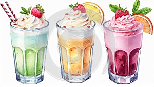 Watercolor illustration of glasses with different milkshakes. Tasty cold drink. Hand drawn art