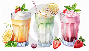 Watercolor illustration of glasses with different milkshakes. Tasty cold drink. Hand drawn art