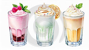 Watercolor illustration of glasses with different milkshakes. Tasty cold drink. Hand drawn art