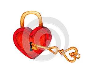 Watercolor illustration of a golden key opening a red heart shaped lock.