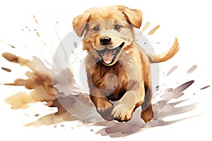 Watercolor illustration of a golden retriever puppy running, AI