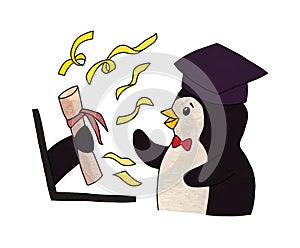 Graduate penguin with laptop attends an online graduation celebration photo