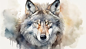 Watercolor illustration of gray wolf. Portrait of wild forest animal. Hand drawn art