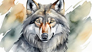 Watercolor illustration of gray wolf. Portrait of wild forest animal. Hand drawn art