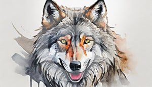 Watercolor illustration of gray wolf. Portrait of wild forest animal. Hand drawn art