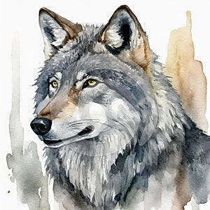 Watercolor illustration of gray wolf on white background. Wild forest animal. Wildlife concept
