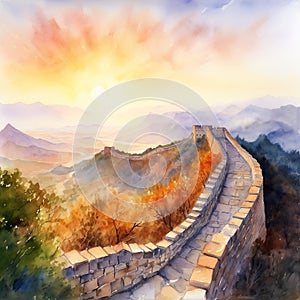 watercolor illustration of the Great Wall of China