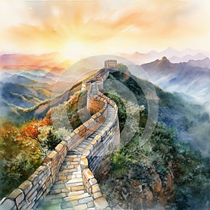 watercolor illustration of the Great Wall of China