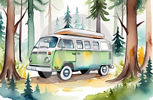 watercolor illustration of green camper van parked in forest. vacation in wild nature