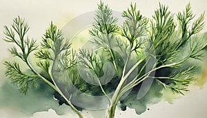 Watercolor illustration green dill twigs. Set of fresh healthy herbs
