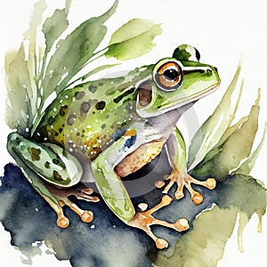 Watercolor illustration of green frog on white background. Wildlife concept. Adorable creature