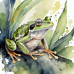 Watercolor illustration of green frog on white background. Wildlife concept. Adorable creature