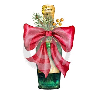 Watercolor illustration of a green glass champagne bottle with a red bow and decor.Hand drawn bottle