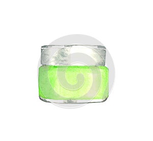 Watercolor illustration of green glass jar with cream