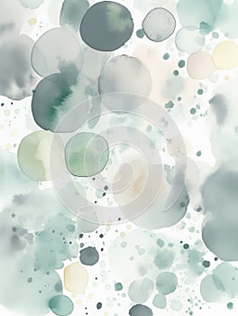 Watercolor Illustration Of Green and Grey Abstract Round Splashes in Pastel Colors