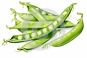 Watercolor illustration of green pea pods isolated on a white background