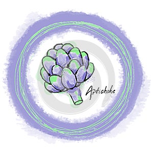 Watercolor illustration of green and purple artichoke