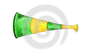 Watercolor illustration of a green yellow soccer fan whistle.