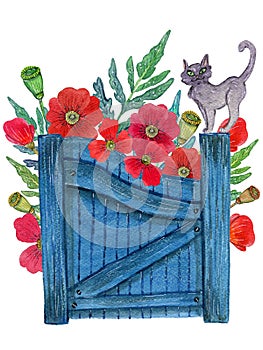 Cat at the gate and flowers behind