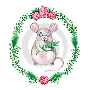 Watercolor illustration of grey mouse decorative frame of flowers on white isolated background. Hand painted animal