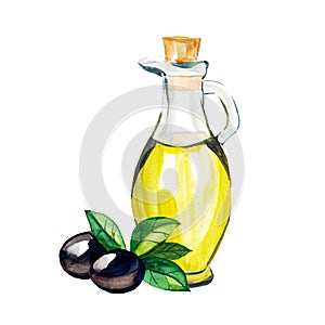 Watercolor illustration of group black olives branch with leaves and bottle of extra virgin olive oil isolated on white
