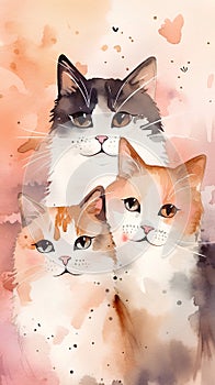 Watercolor illustration of a group of cats. Cute kittens.
