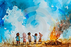 watercolor illustration of a group of children having a bonfire on Easter
