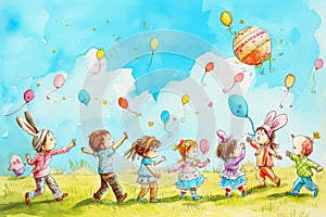 watercolor illustration of a group of children having a carnival on Easter.