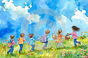 watercolor illustration of a group of children having an Easter egg race.