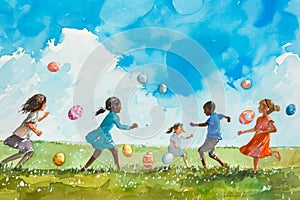 watercolor illustration of a group of children having an Easter egg race.