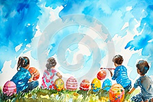 watercolor illustration of a group of children painting Easter eggs