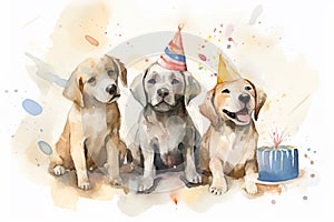 Watercolor illustration of a group of cute dogs with a birthday cake. Generative AI