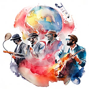 Watercolor illustration of a group of jazz musicians playing musical instruments. Generative AI