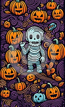 watercolor illustration, Halloween and holiday theme, cartoon doodle, very cute, print for background,